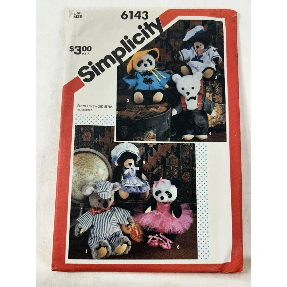 Vintage Simplicity 6143 Chic Bears Wardrobe Teddy Bear Clothing Pattern Uncut